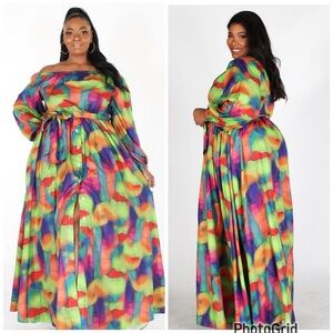 Vibrant Multicolor Off-Shoulder Maxi Dress